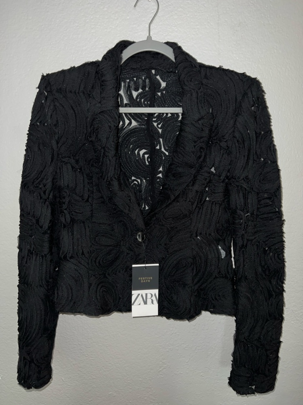 Zara Black Textured Cropped Blazer with Swirl Detail